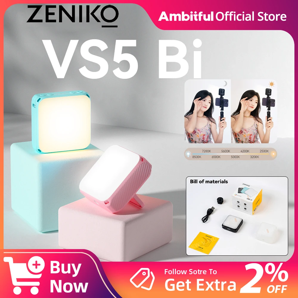 

ZENIKO VS5 Bi 2500K-8500K VS5 R Mini RGB Full Color Fill Light Dimmable Pocket Light with APP for Phone DSLR Camera Vlog Live
