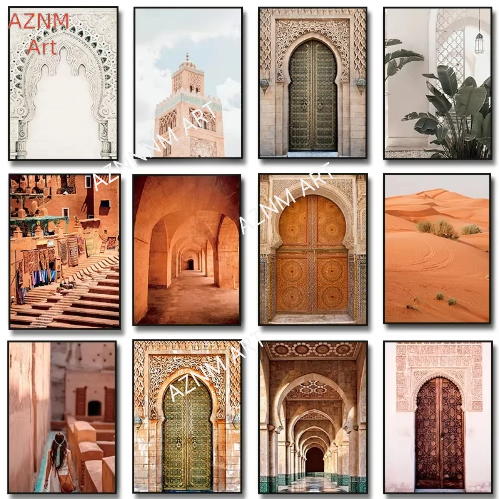 1PC Moroccan Door Wall Art Canvas Painting Print Marrakesh Architecture Poster Boho Wall Terracotta Art Picture Decoration