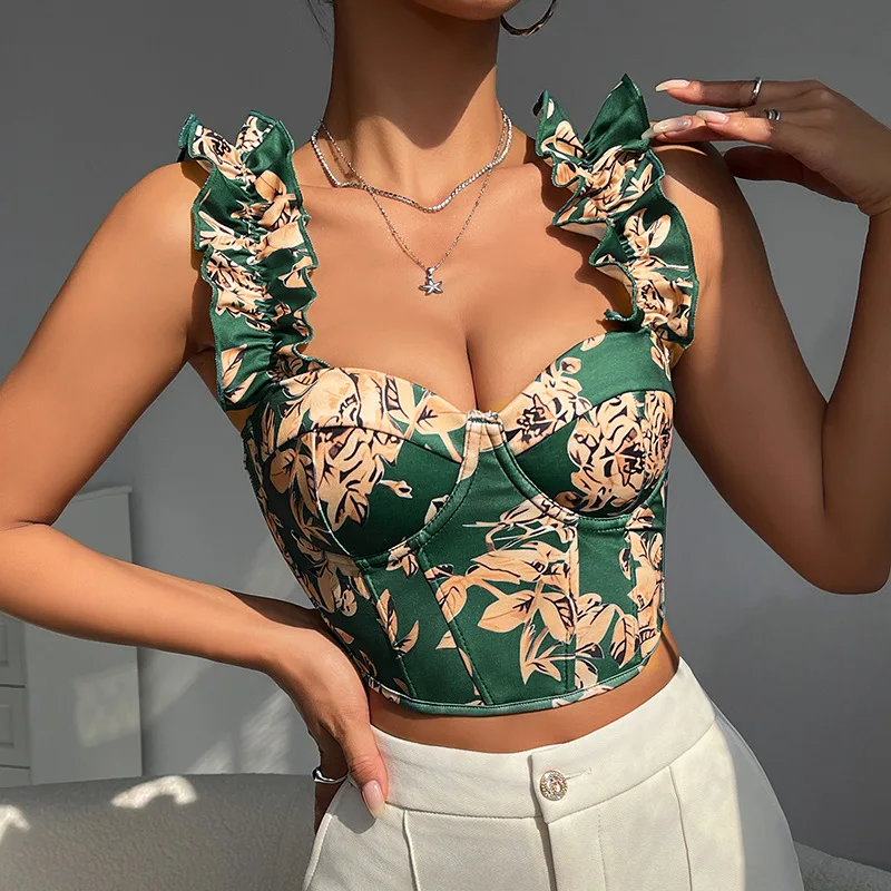 2025 NOVEDAD DE VERANO dulce Sexy cuello en V estampado deshuesado acolchado sin espalda Tie-Strap Slim Fit Top corto de mujer