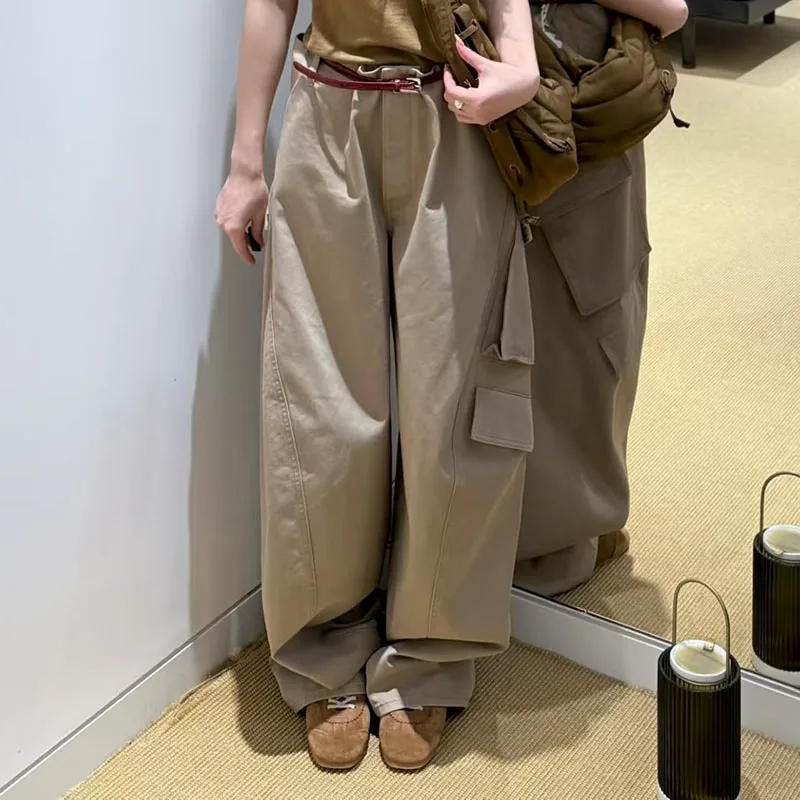 Pantalones de trabajo con cuchillo curvo para mujer, pantalones informales de pierna ancha con múltiples bolsillos, pantalones largos de algodón puro de alta calidad, otoño, nuevo estilo, y2k