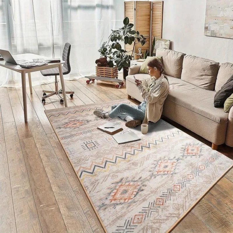 Machine Washable Bohemian  Area Mat - Vintage Retro Geometric Print With TPR Non-Slip Backing
