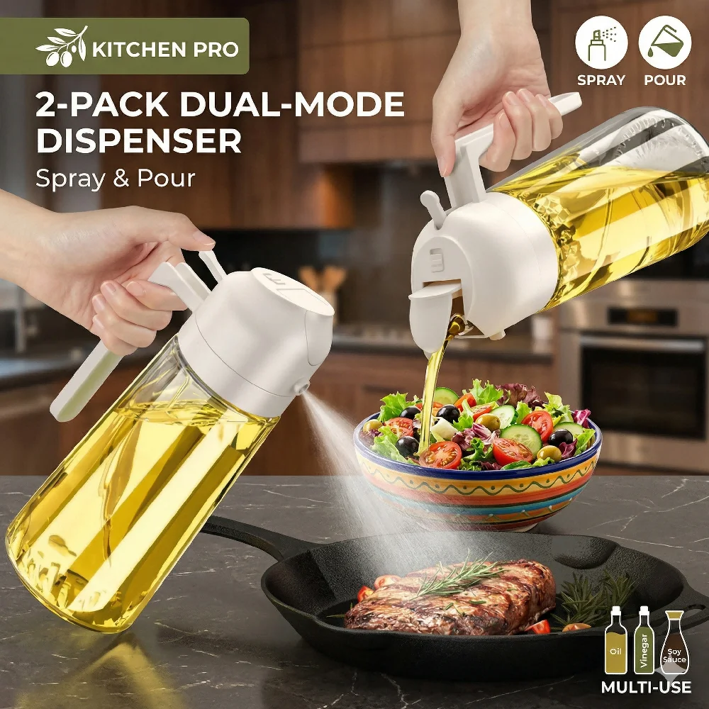 2 Unidades Dispensador de Aceite de Oliva 2 en 1 con Pulverizador y Función de Vertido para Cocina, Grado Alimenticio, para Ensaladas, Barbacoas y Freidoras de Aire