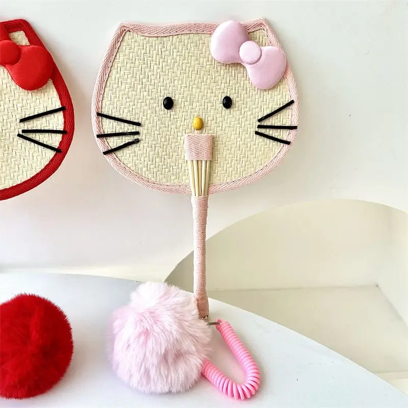 アニメかわいいハローキティわら織りヤシファン小麦わら手作りファンハローキティガールかわいい夏ファン漫画かわいいアクセサリー