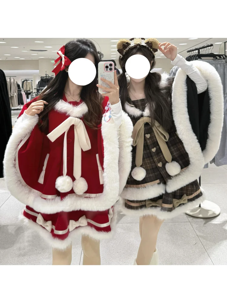 

Autumn/winter Lolita Girl Cute Sweet Hairy Hooded Cloak+dress Girl Tea Party Dress Set