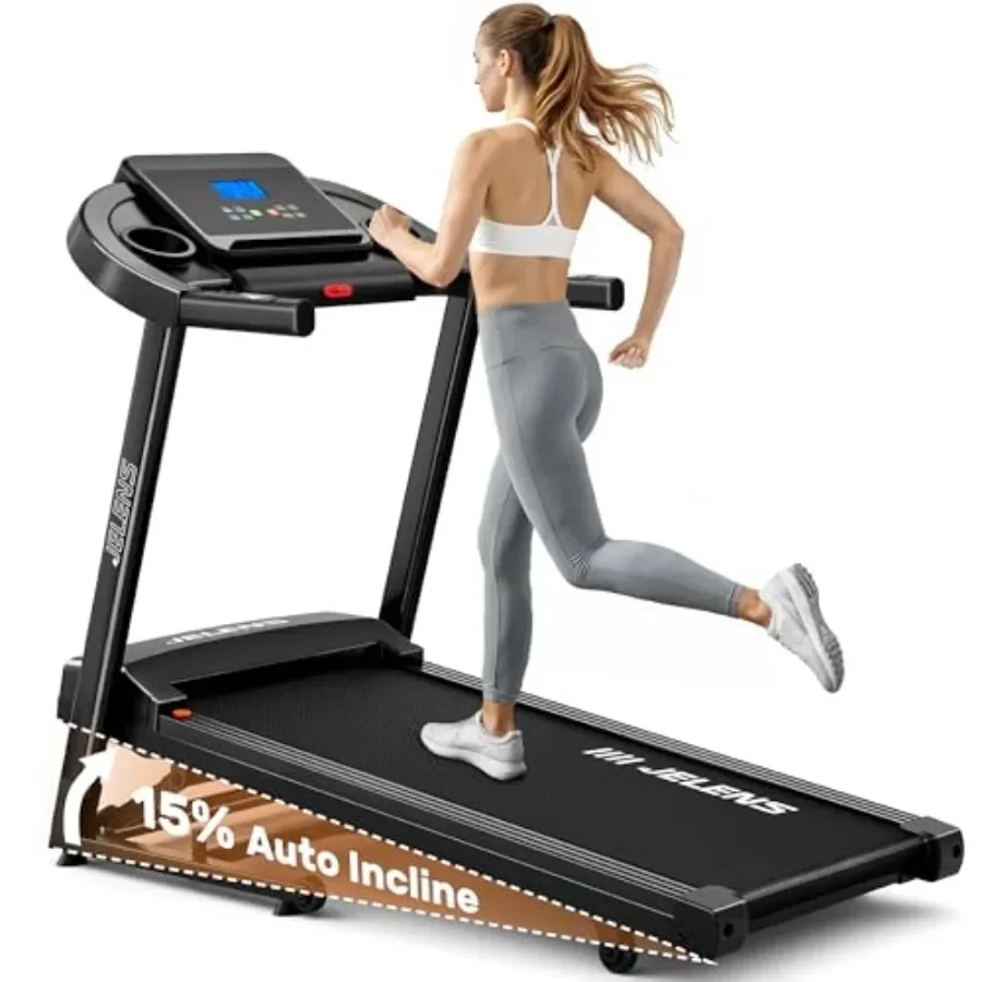 Home treadmill with steel frame, black finish, 0-15 auto incline, foldable design, 330LBS capacity, pulse sensors, 3.0HP quiet