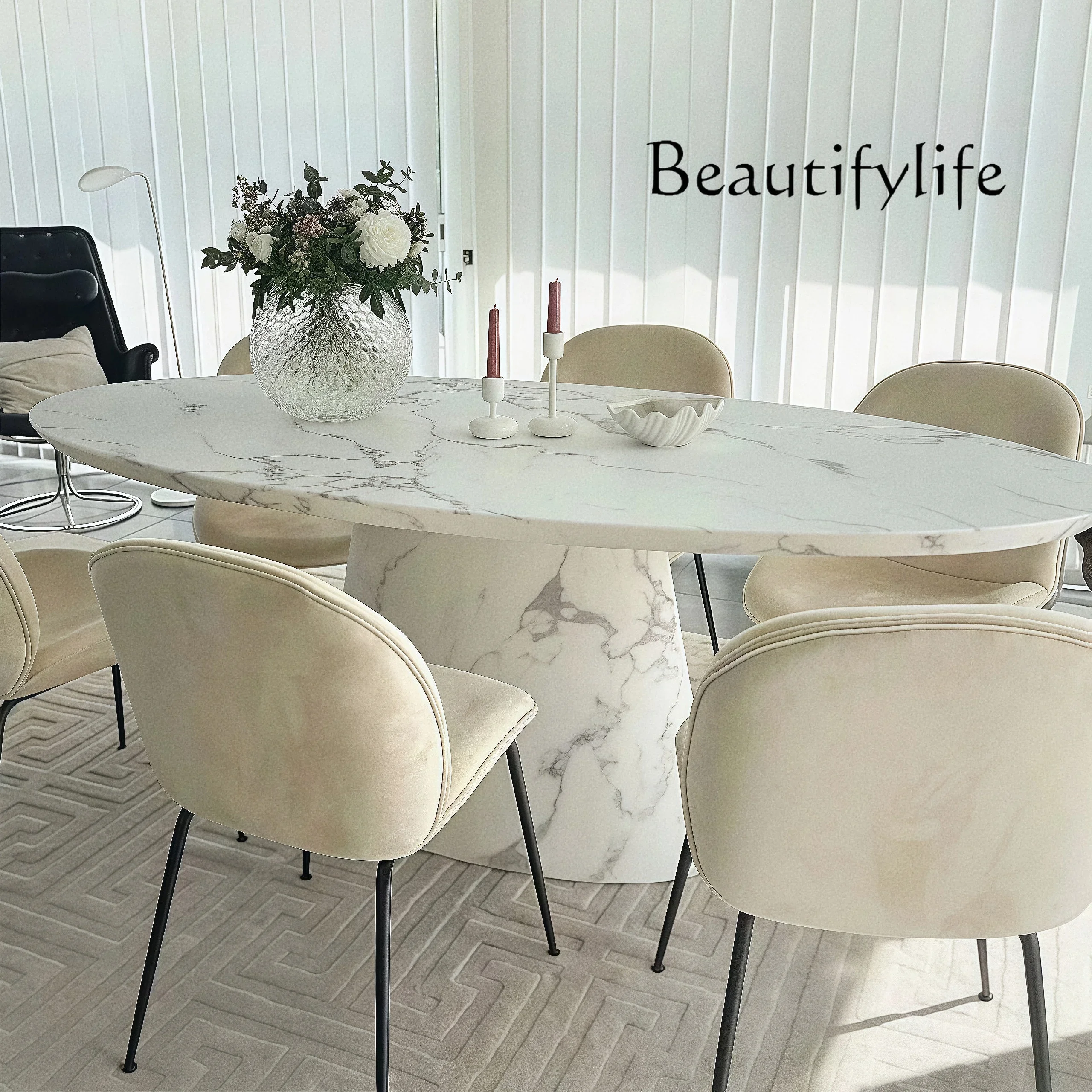 

u French large white marble Nordic light luxury small apartment retro medieval designer oval dining table