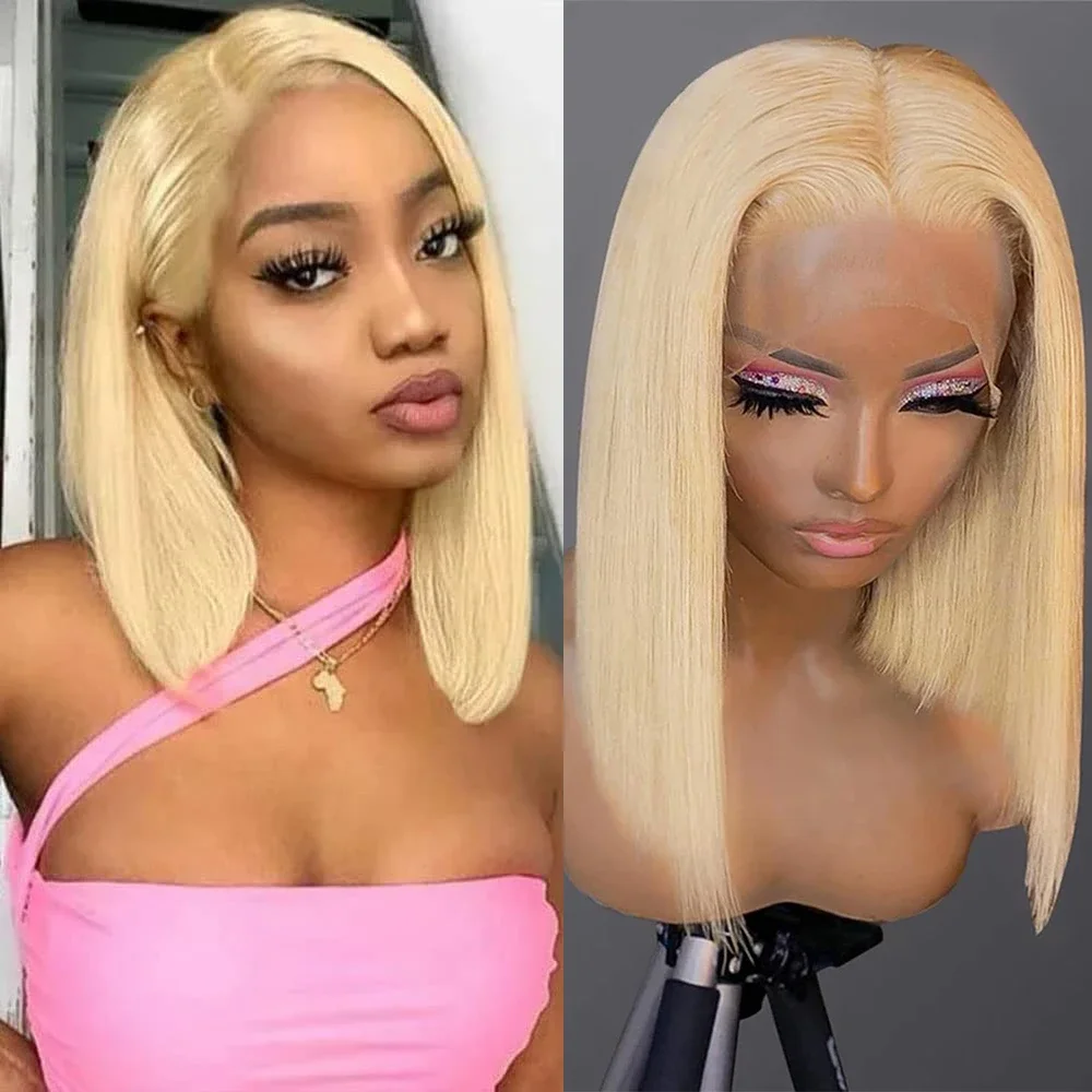 

Blonde 613 13X4X4 Lace Frontal Wig Virgin Brazilian Human Hair Wig Honey Blonde Short Straight Bob Hair Wig 150% Density 14 Inch