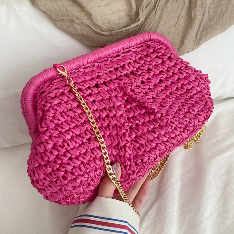 2023 Summer Fashion Women All-match Clutch Sense Of Straw Weave Wallet Bags Ladies Chain Shoulder Bags Hot Pink Crossbody Bags