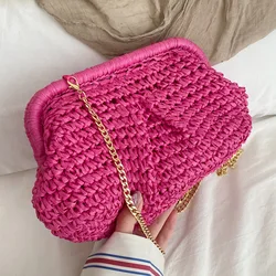 2023 Summer Fashion Women All-match Clutch Sense Of Straw Weave Wallet Bags Ladies Chain Shoulder Bags Hot Pink Crossbody Bags