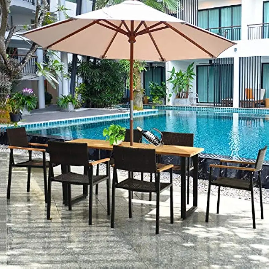 7PCS Outdoor Dining Set, Patented Patio Furniture Set w/Large Rectangle Acacia Wood Table Top, Rattan Chairs with Steel Frame