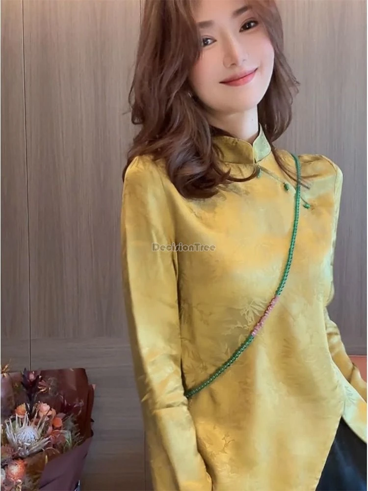 2024 women fashion solid color crew-neck inclined slit long-sleeved cheongsam shirt new chinese style slim fashion blouse w365