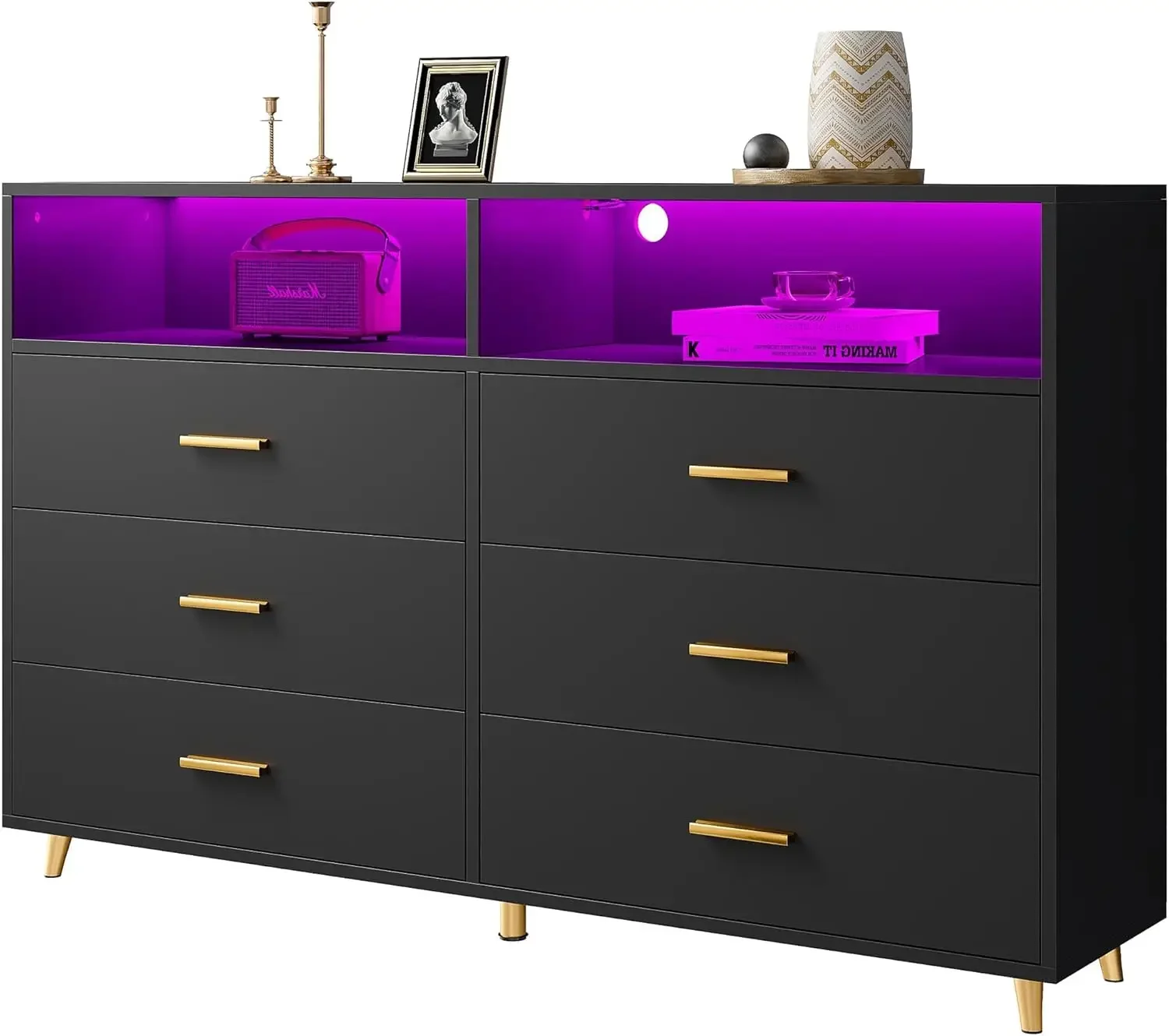 Black Dresser with LED Lights, Wood Dresser for Bedroom with Wide Large Drawers and Metal Handles, Elegant Chest of Draw