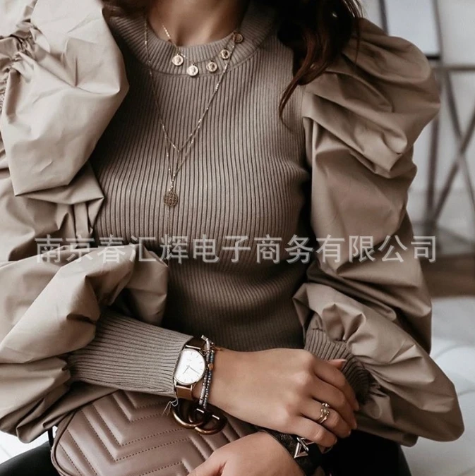 

Sweater Puffy Sleeve Patchwork Top 2024 Spring Autumn New Fashion Solid Color Long Sleeve Round Neck Temperament Pullover Top