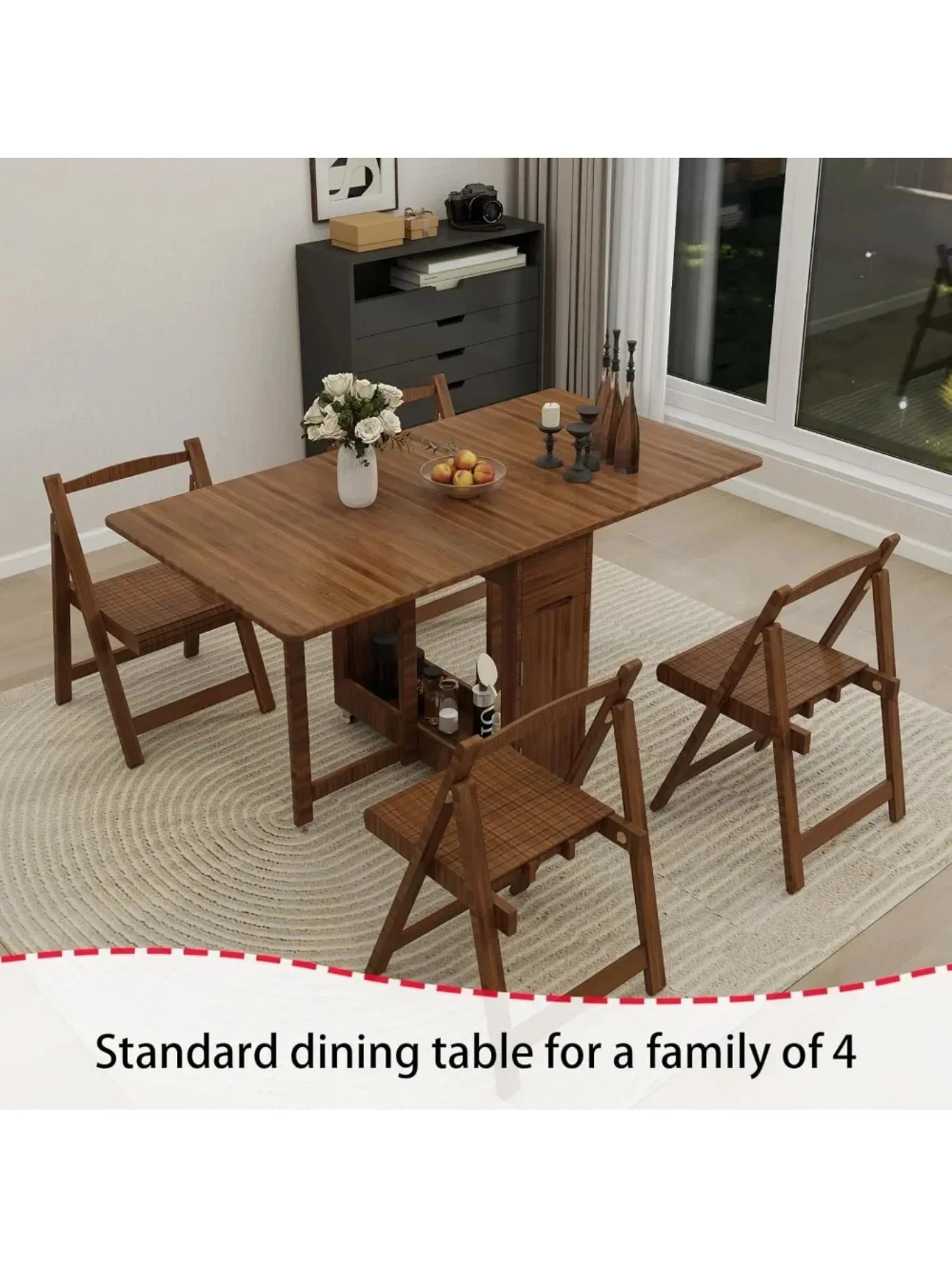 Folding Dining Table Set for 4, Bamboo Foldable Kitchen Dinning Set with Chairs, Double Drop Leaf Devise, Inside of Dinner