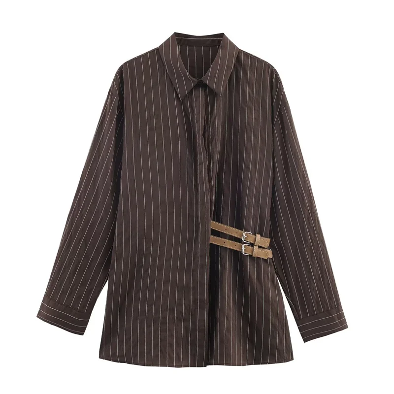 Women's Shirt 2025 Winter New Style Reddish-Brown Striped Long-Sleeve Shirt with Button Decor Loose Fit Stylish and Unique