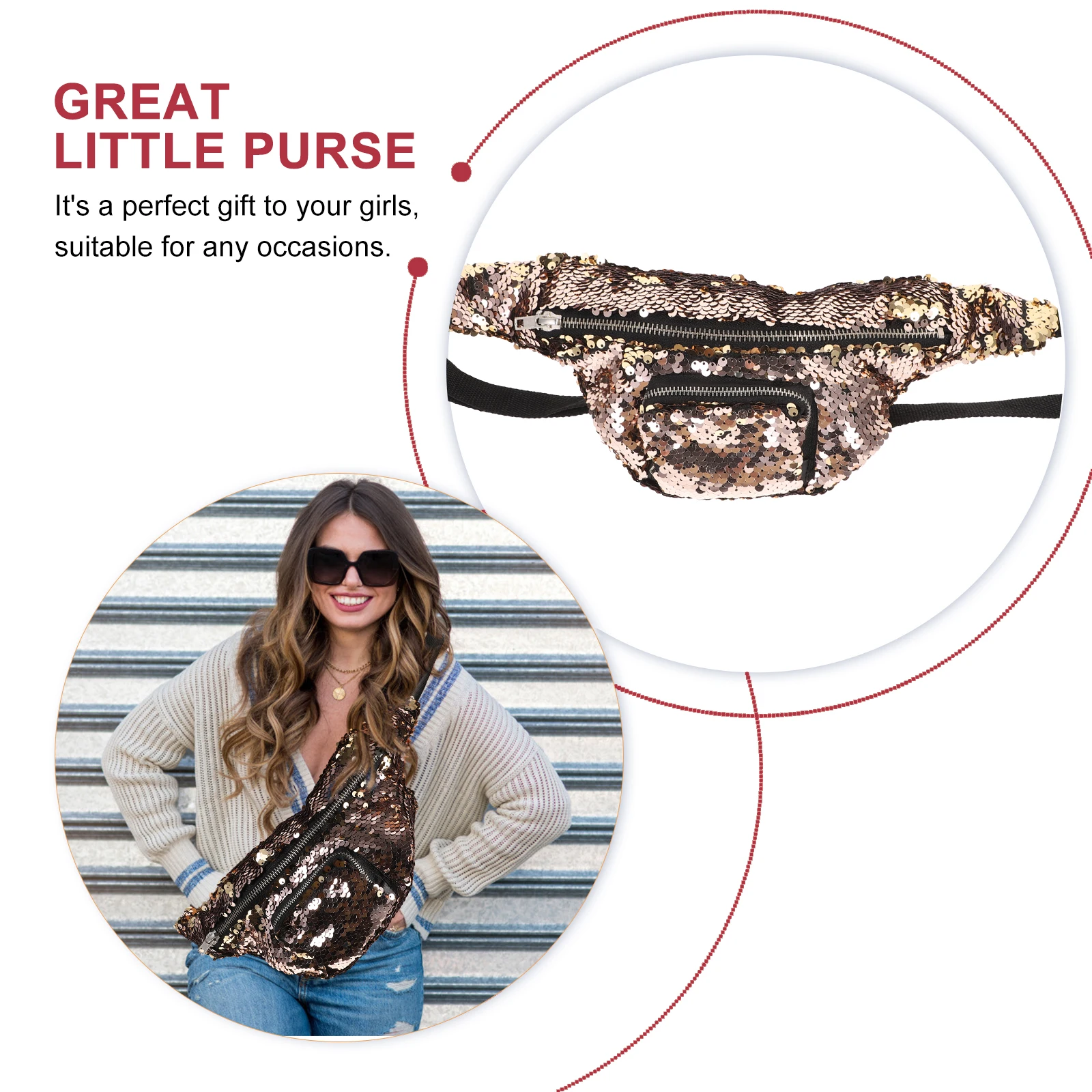 

Women Waist Bag Adjustable Strap Shiny Sequin Smooth Zipper PU Multifunctional Storage Phone Wallet Cosmetics