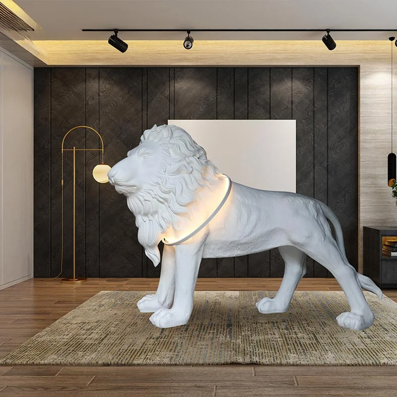 Art design hall decorative light animal resin lion Led floor lamp for hotel