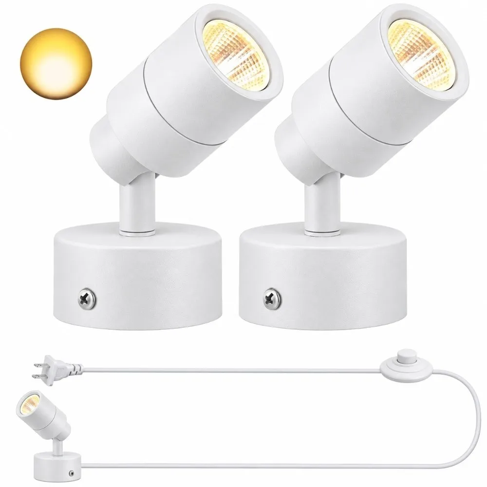 2 Pack 5W LED Up Lights Aluminum Alloy Warm White Spotlight US Plug 5.91 FT Plug Cord LED Spotlight Indoor Display