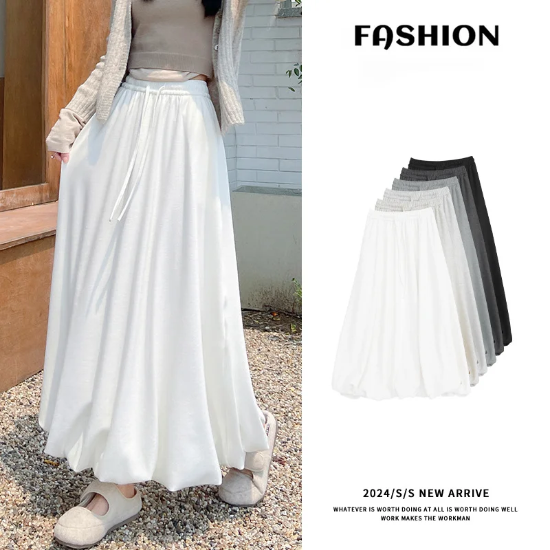 

Solid Color Casual Long Skirt For Women autumnr Fashion Women's Bubble Skirt Female Korean High Waist Elastic A-Line Skirt