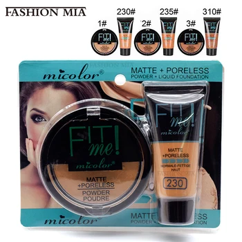 Micolor Fit Me 2 in 1 매트 블랙 스킨, 모공 없는 파우더, 30g 리퀴드 파운데이션, 다크 스킨 전용 파운데이션 화장품 세트 