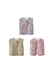 European and American style loose short round neck retro print simple quilted vest ethnic style cardigan outerwear top