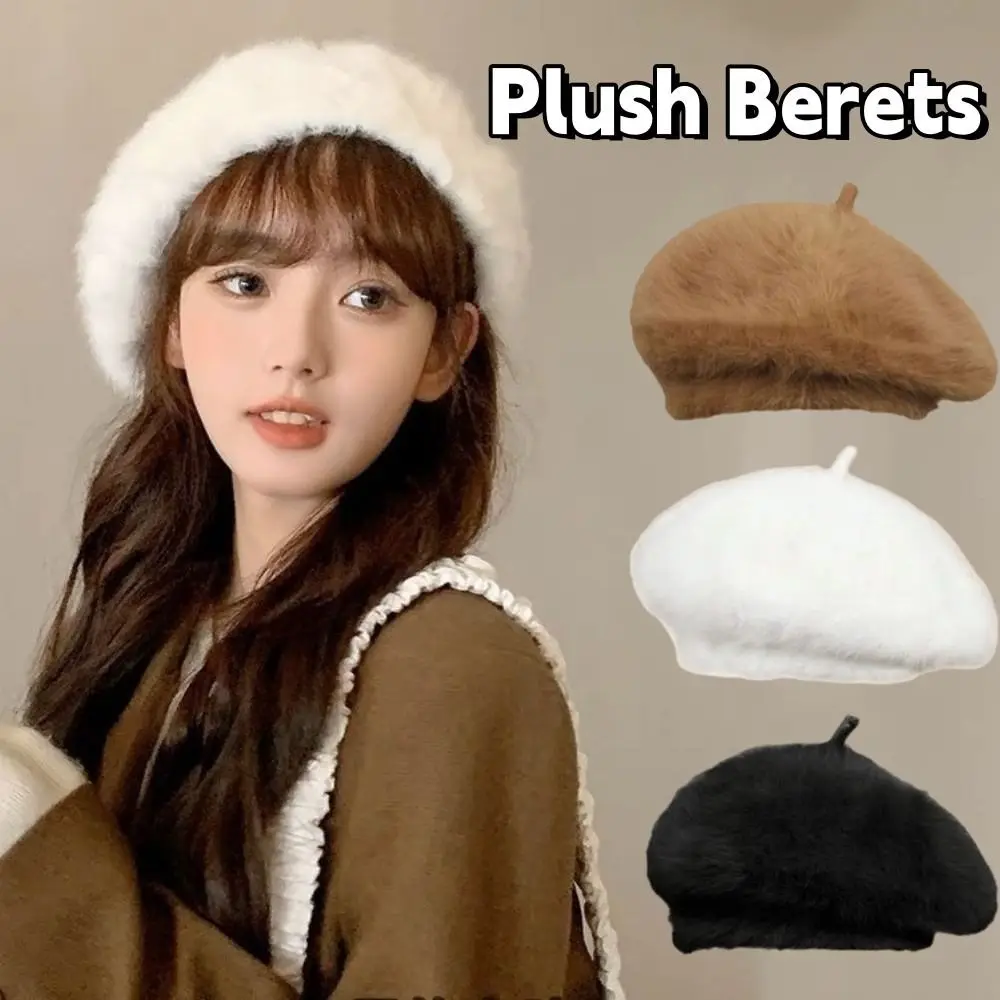 

Elegant Cloud Women Berets Plush Keep Warm Painter Caps Korean Style Elastic Artist Hat Winter