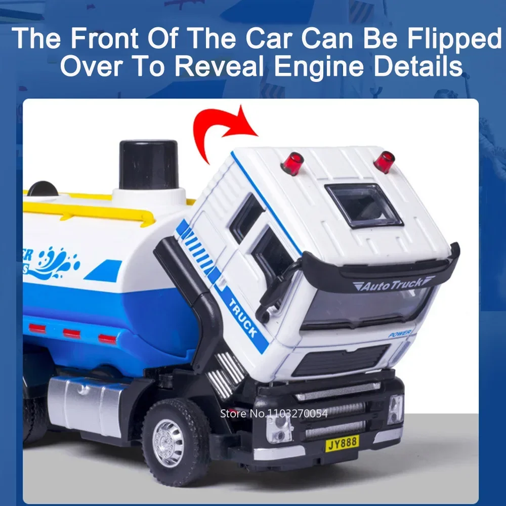 1/50 Sanitation Truck Model Car Toy Alloy Diecast Sprinkler Truck Rubber Tires Sound Light Pull Back Toys Festival Gift for Kids