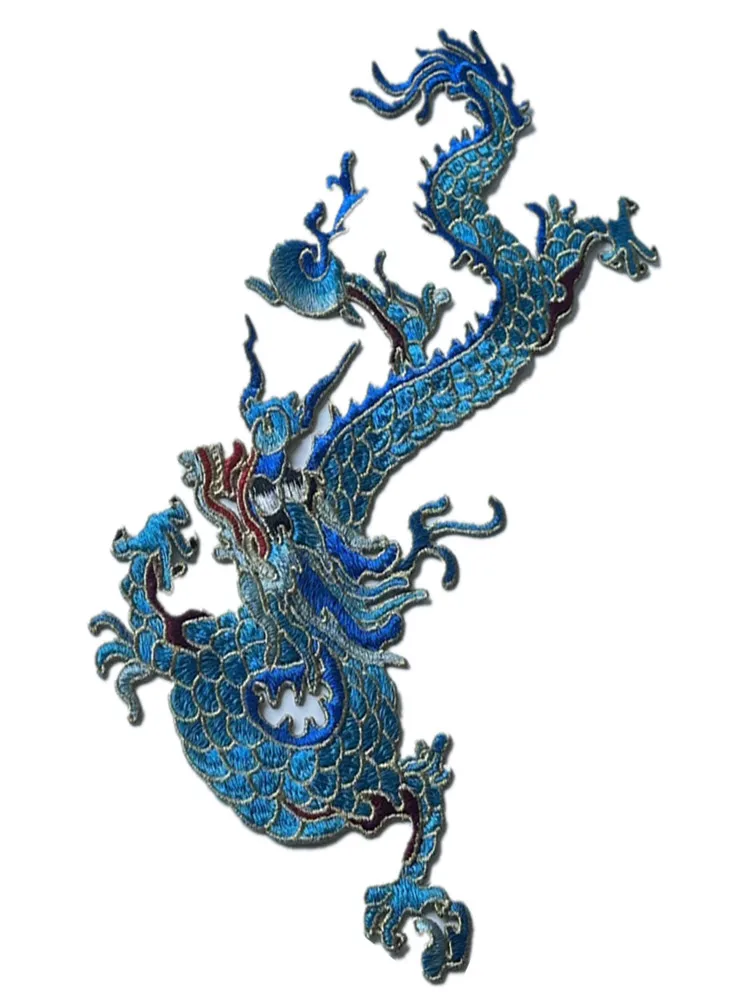 1Ps Chinese Style Blue Large Dragon Sewing On Embroidery Patches For Jean Clothing Dress Applique Decoration Accessory DIY Patch