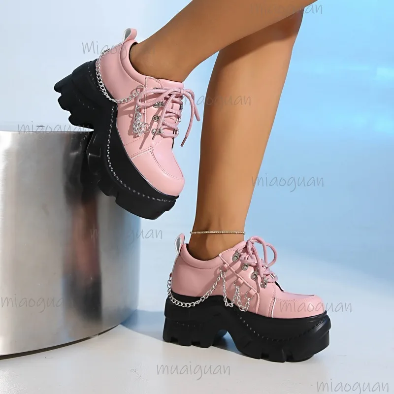 Gothic Punk Women's Platform Shoes Round Toe Lace-up Pink Chunky Sneakers Pu Leather Height Increasing Fashion Shoes for Women image 2
