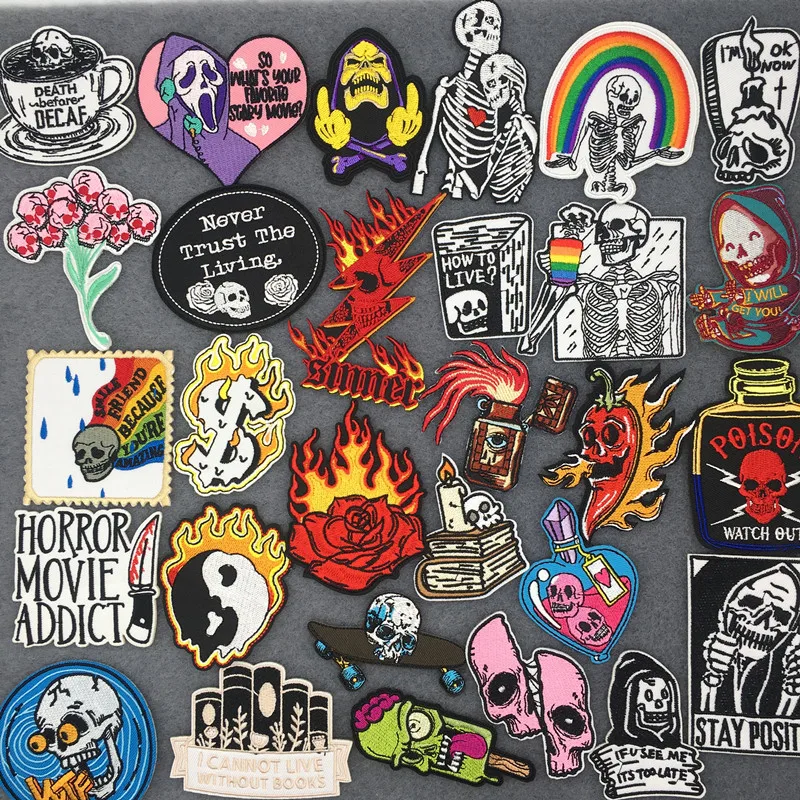 Punk Patch Flame Embroidery Patches for Clothes Scary Skull Iron On Patches on Clothing Embroidered Jacket Badge Sticker