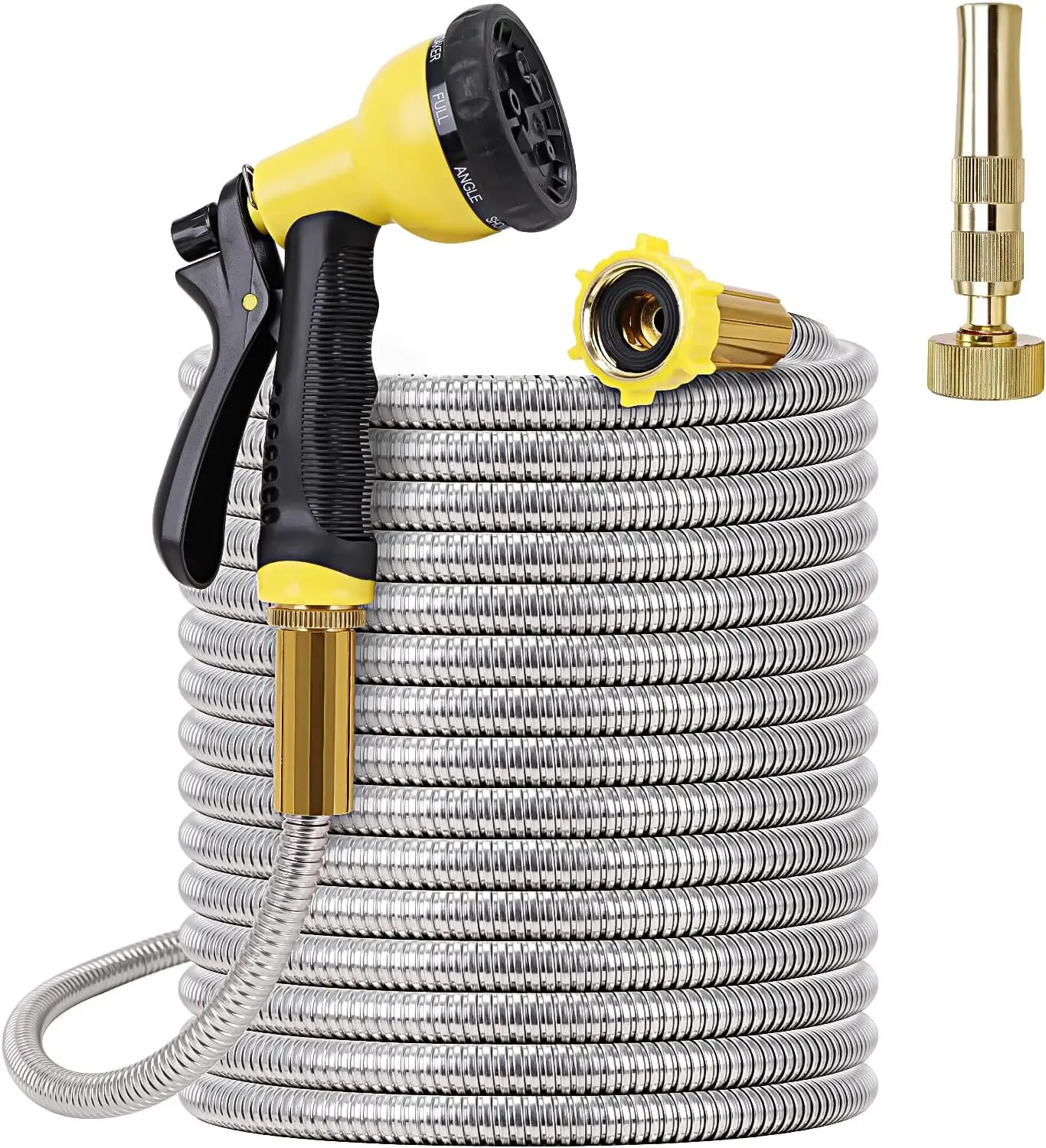 Metal Garden Hose 100FT - Stainless Steel Heavy Duty Water Hose with Solid Metal Nozzle & 8 Function Sprayer, Portable &