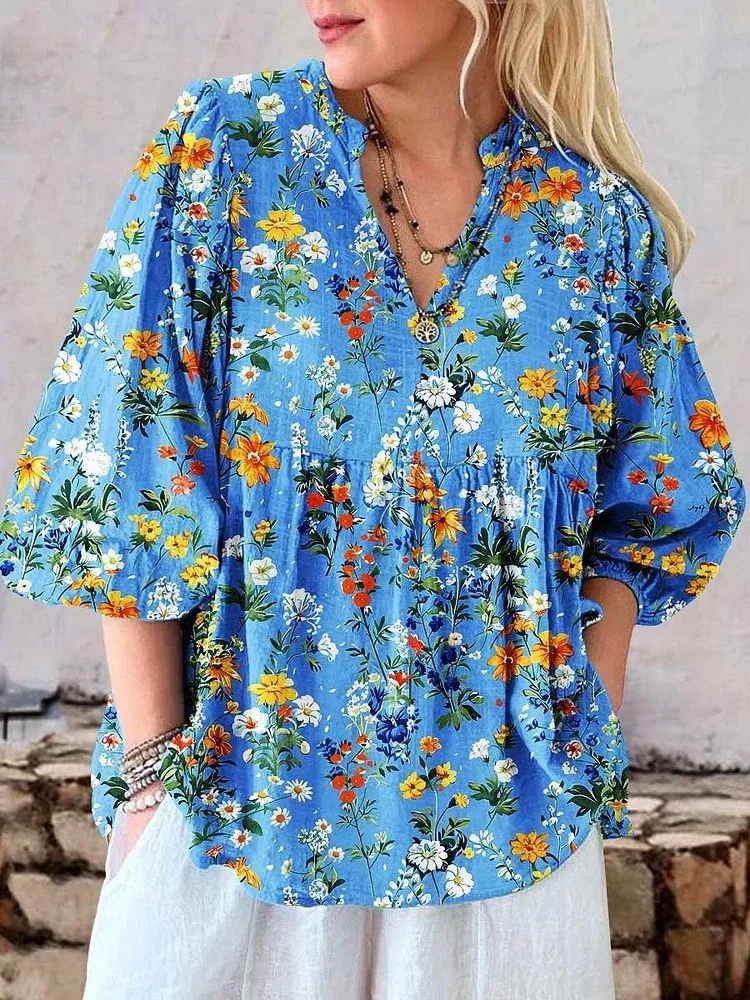 여성용 캐주얼 빈티지 프린트 셔츠 탑, 패션 V넥 퍼프 소매 풀오버 루즈핏 셔츠 탑, 레이디 봄 여름 신상 의류