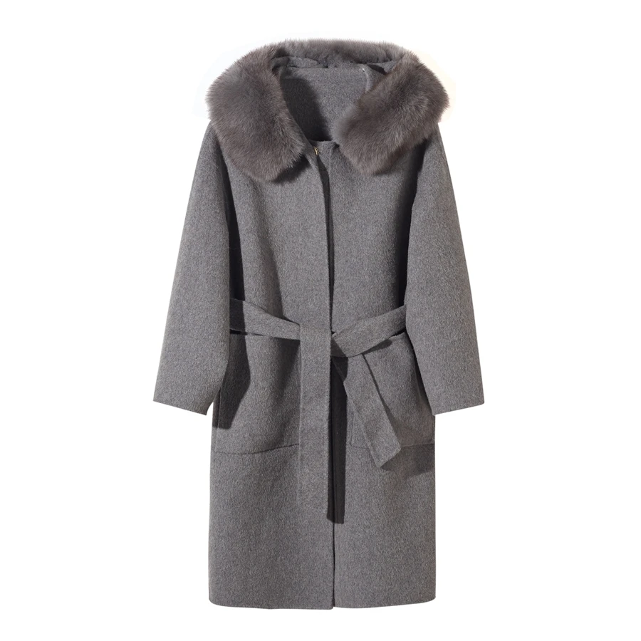 2023 New Arrival High Quality Long Cashmere Women Jacket Real Fox Fur Collar Fashion Model Wool Coat