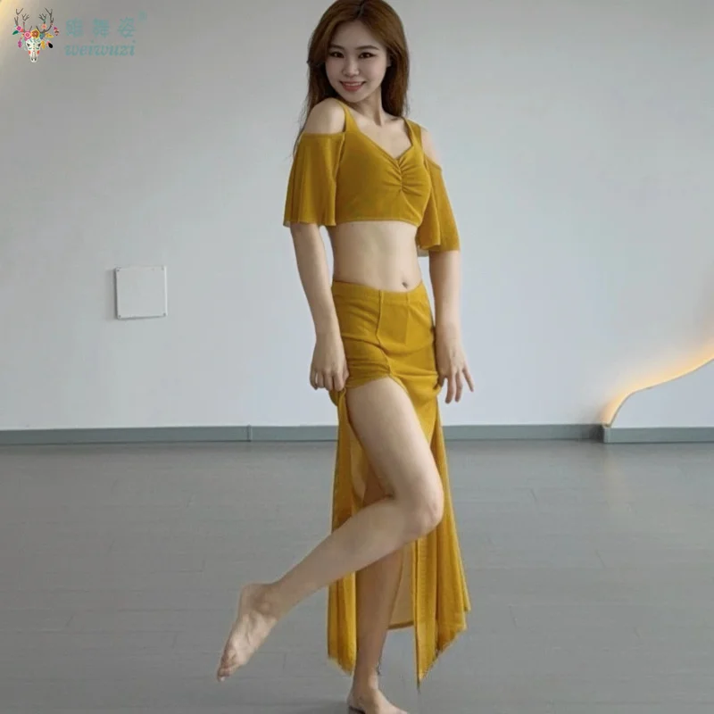 Elegant Women Belly Dance Dance Performance Mesh Fabric Outfit 2pcs Set Oriental Costume Girls Practice Suit Long Skirt Ruffles