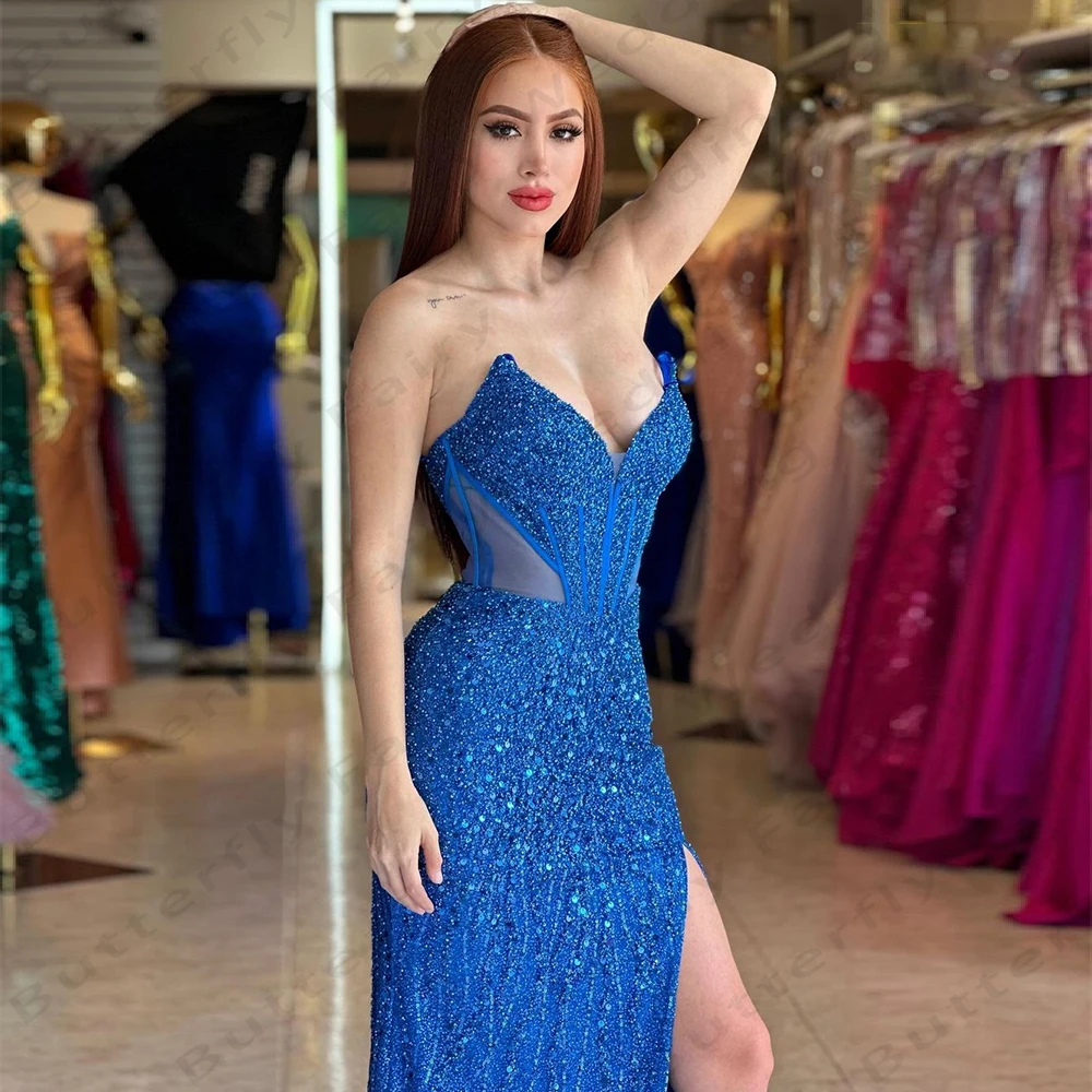 Abiti da ballo da donna blu reale Sexy senza maniche con spalle scoperte Glitter sirena principessa abiti da sera abiti da festa formale De Soirée