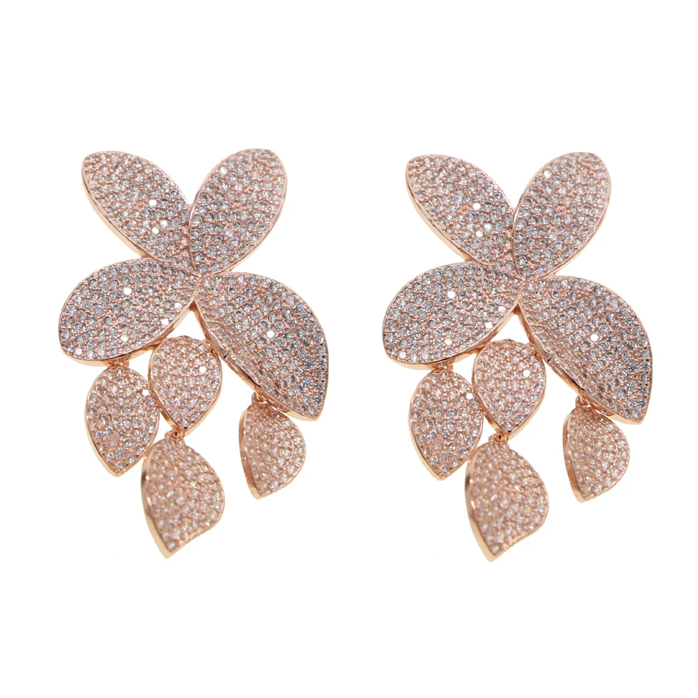 2024 Summer New Fashion Luxury Iced Out Bling Sparking Cz Big Flower Leaf Dangle Earrings For Women High Quality Wedding Jewelry