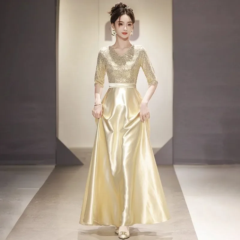 Champagne Evening Dresses Women's 2026 New Chic Slim Medium Long Host Adult Command Suit Stage Competition Performance Costume