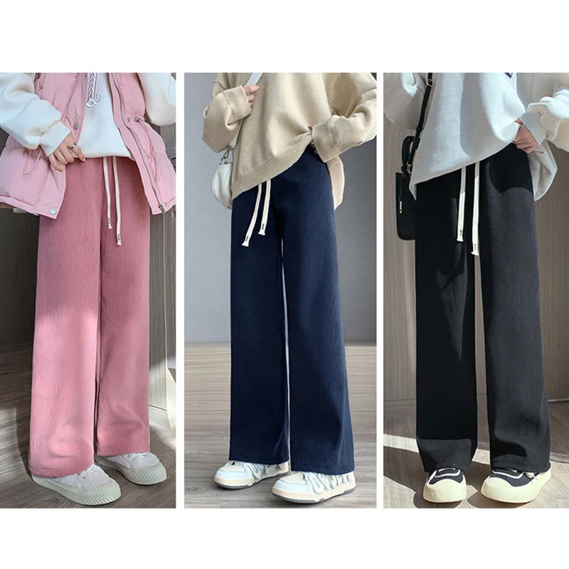 2024 Casual Women Long Thick Pants Autumn Winter High Waist Wide Leg Pants Thicken Female Straight Long Pants Trousers