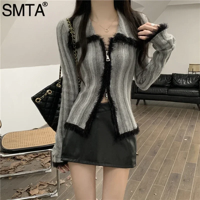 SMTA Vintage Gradient Polo Zipper Cardigan Women Autumn Winter 2024 Long Sleeve Cashmere Sweater Knitted Top Outwear Jumpers