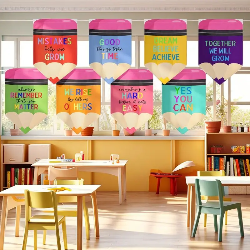 VIKAMA Cute Pencil Inspirational Text Valance Curtain Positive Saying Window Curtain Preschool Classroom Kids Room Hanging Decor