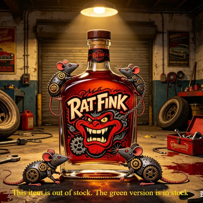 Rat Fink Garage Style Whiskey Decanter Retro Hot Rod & Flame Design Liquor Bottle Barware Gift for Mechanic & Car Lovers