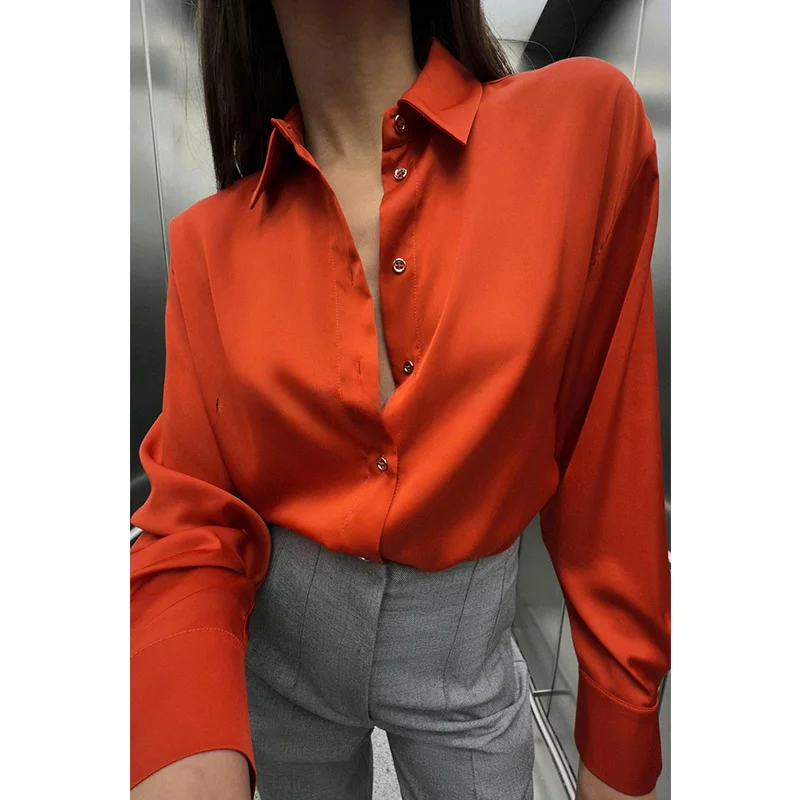 Spring New Women's Commuter Sle Loose Silk Satin Long Sve  Collar irt Drapey Comfortable Polyester Fiber 00%