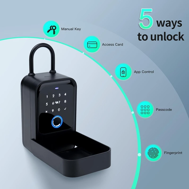 AB47-Smart Key Lock Box, Bluetooth Lock Box z czytnikiem linii papilarnych, kodem dostępu i kartą dostępu oraz kluczem ręcznym i kontrolą aplikacji, odcisk palca