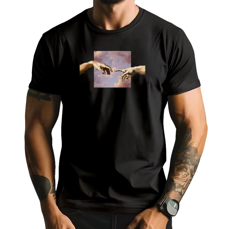 

Футболка в стиле Харадзюку с забавным принтом Микеланджело, мужская футболка с японскими руками и мультяшными топами, уличная мужская футболка «Создание Адама»