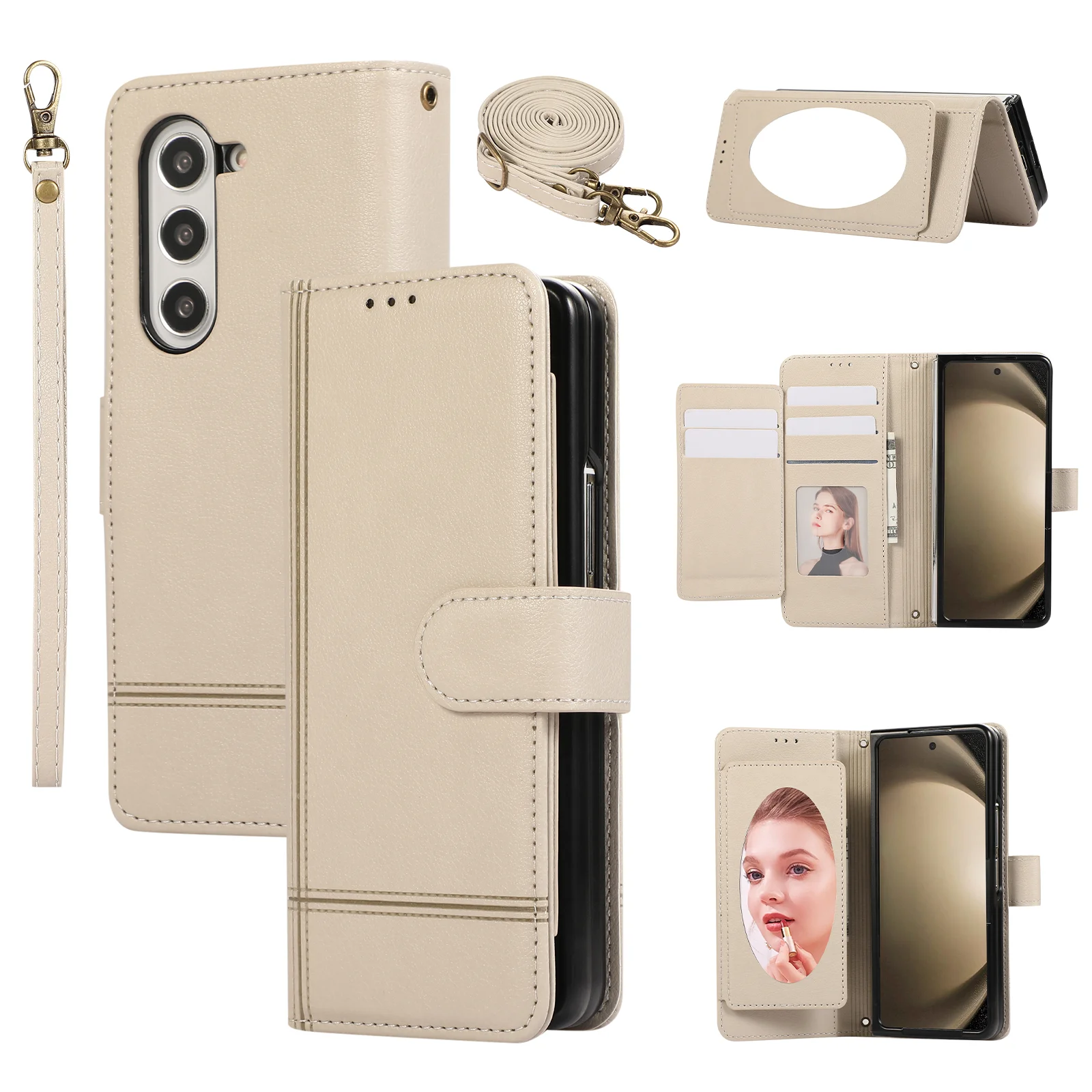 Кожаный чехол для макияжа с картами через плечо Solt Wallet для Samsung Galaxy Z Fold 7, 6, 5, 4, 3, 5G Fold7, 7 Fold6, зеркало для макияжа, откидная крышка