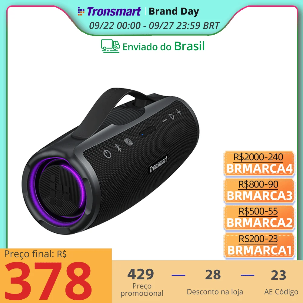 [Frete grátis do Brasil]caixa de som bluetooth Tronsmart Mirtune S100, 50W caixa de som com IPX7 À Prova D' Água, Controle APP, Blilt-in Powerbank & alça retrátil, para atividades ao ar livre, acampamento