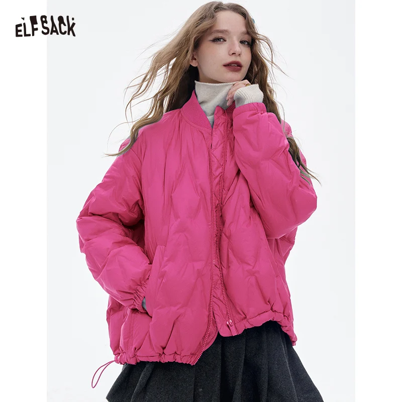 ELFSACK 2025 冬新作 クラシックカジュアル ライトソリッド ヘムドローストリング ラウンドネック ショートダウンジャケット レディース