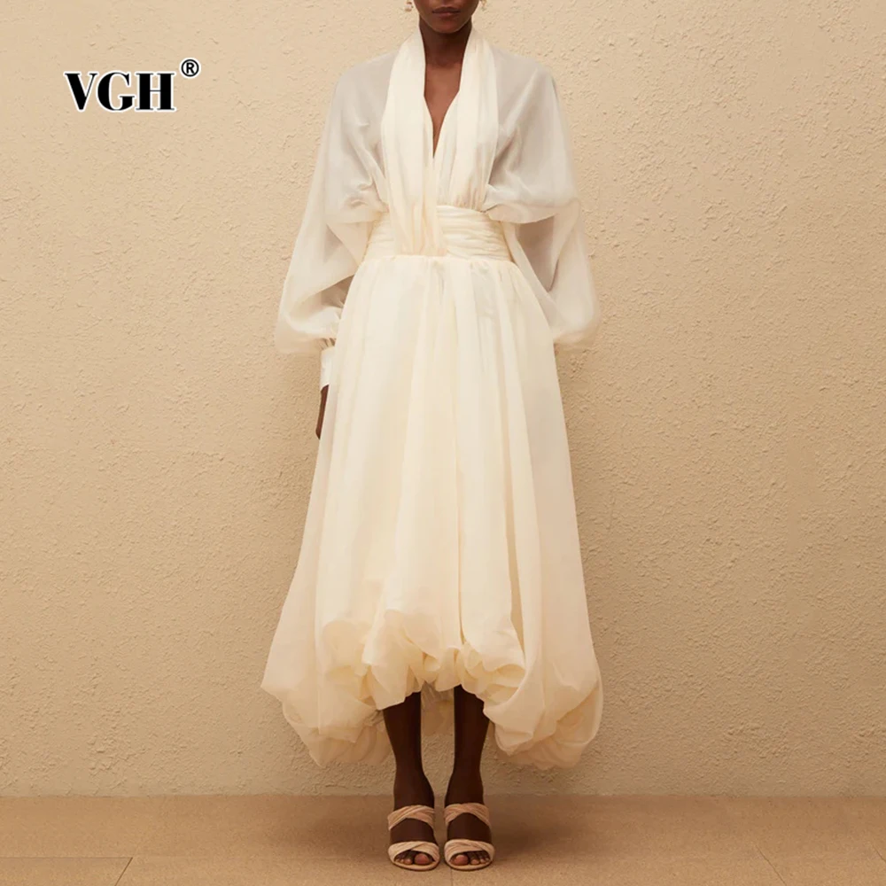 VGH Urlaub Gespleißt Unregelmäßigen Saum Kleider für Frauen V-ausschnitt Laterne Hülse Hohe Taille Transparent Puff Kleid Weibliche Herbst Stil