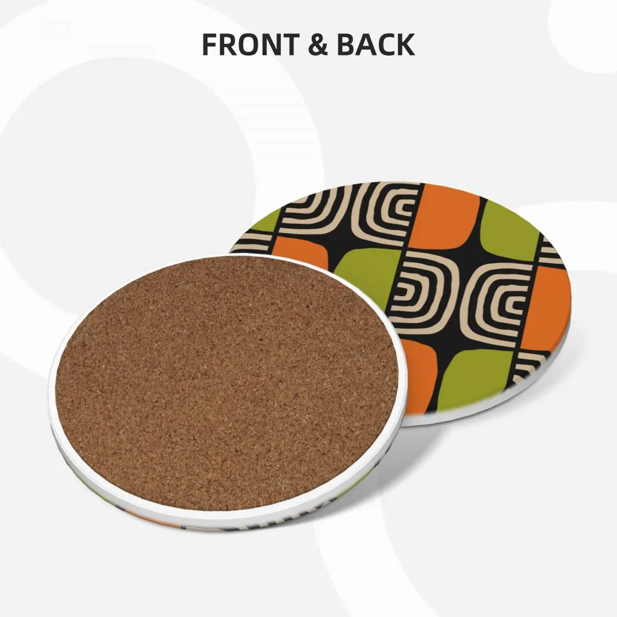 Mid Century Modern Half Concentric Circle Pattern Black Orange Green and Beige Ceramic Coasters (Set of 4) tile Coasters