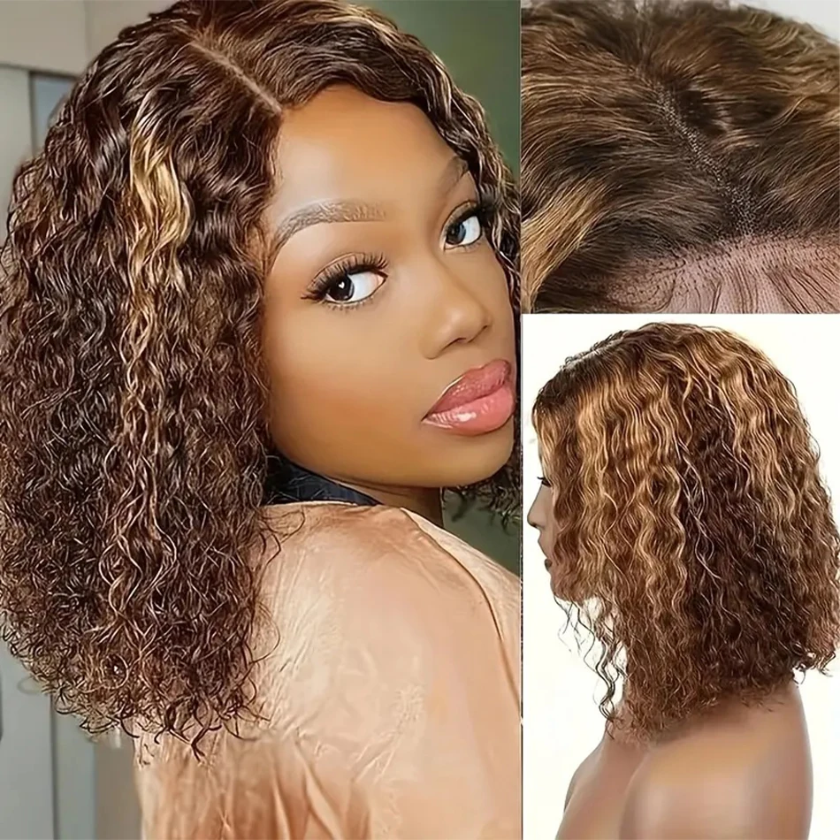 Highlight Short Bob Wig Lace Front Curly Human Hair Wigs For Women Honey Blonde Ombre Colored 13x6 Deep Wave Lace Frontal Wig